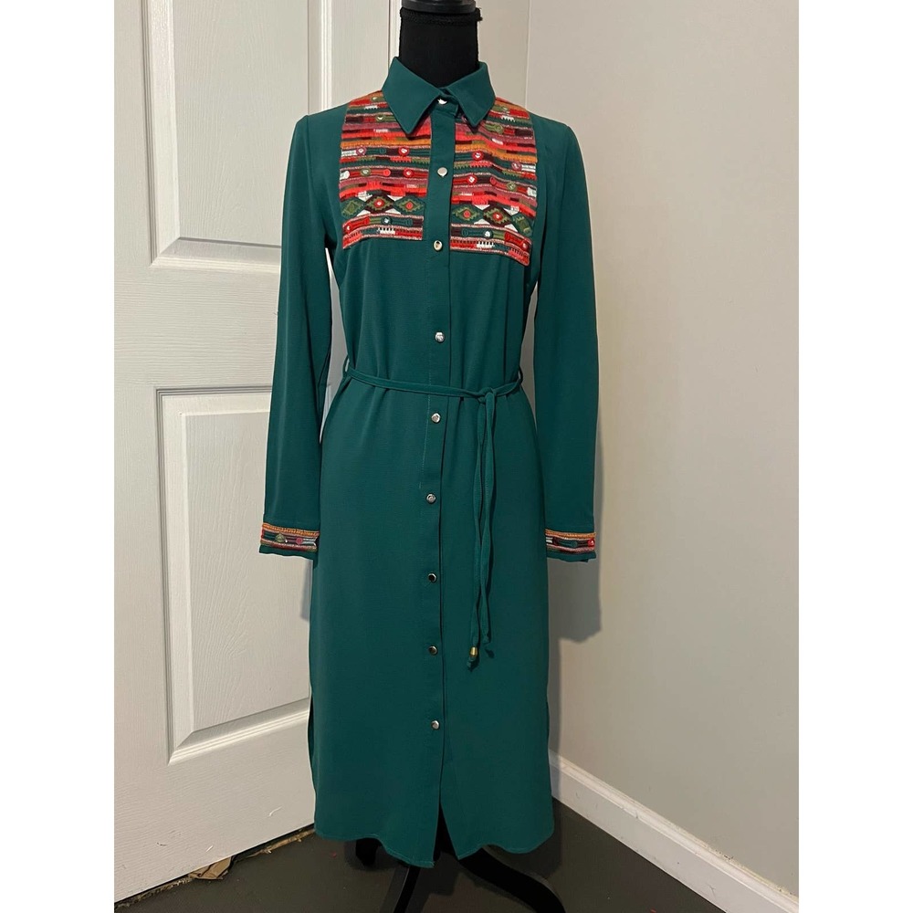 Y.C.F. Style Women's Dress Button‎ Front Embroidered Chest & Cuffs Green Size M